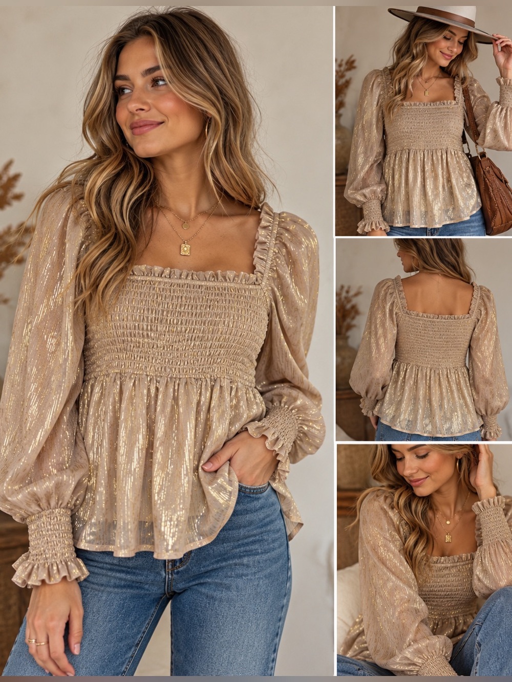 Jodifl Gold & Beige Shimmer Boho Feminine Sparkly Fairy Top Size Large